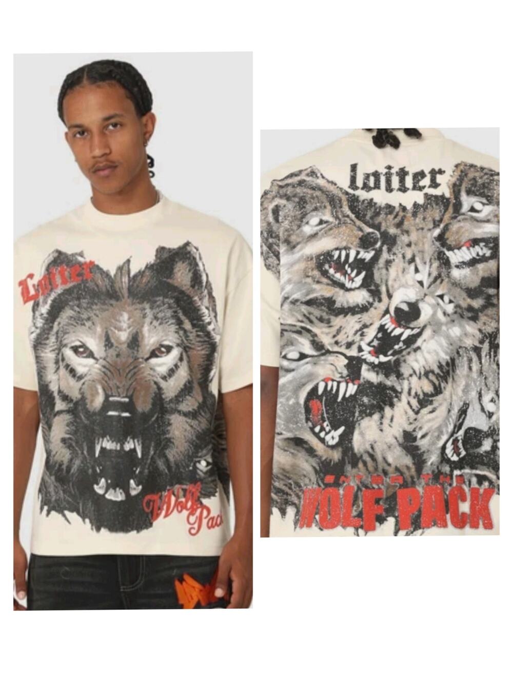 M1239)Culture Kings Vtg Loiter Wolf Pack Ecru Cotton Short Sleve Tee Oversize XS
